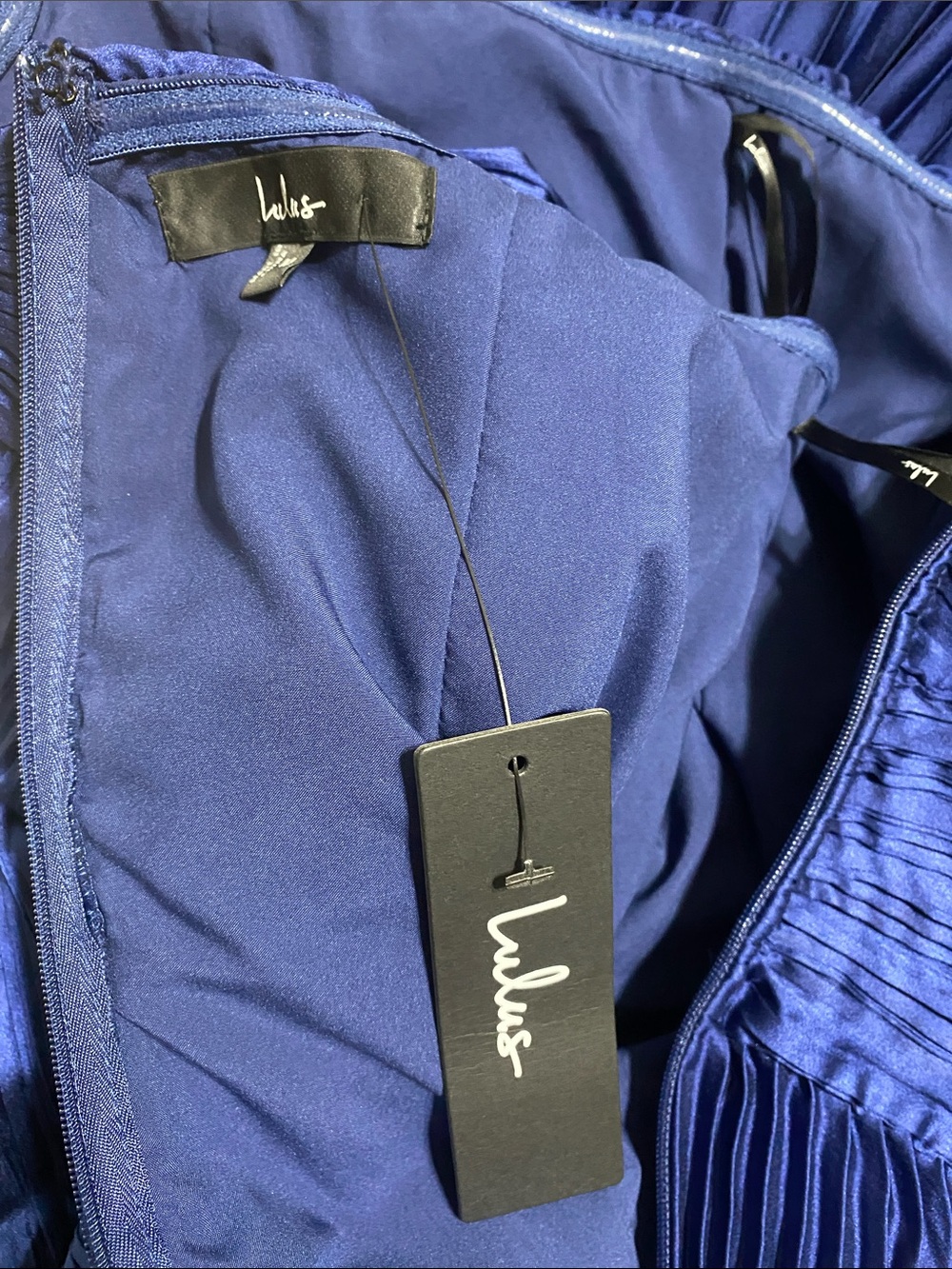 Lulus Elkay Navy Blue Pleated Satin Drop Waist Maxi Dress Size M NWT - Picture 13 of 16